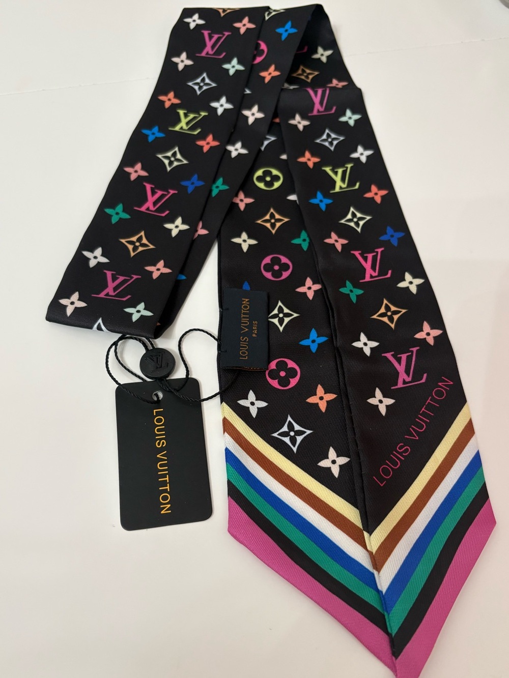 Designer Inspired 100% Silk Rainbow Monogram Silk Bandeau / Twilly Scarf 🌈🖤